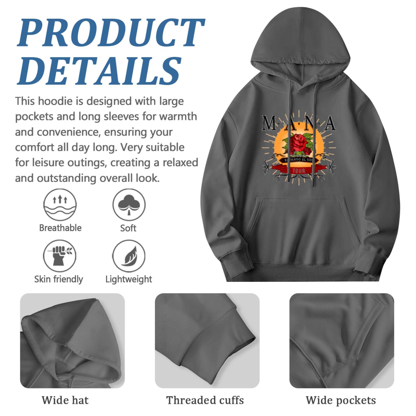 MANA Band Rose Tour Vintage Dark Grey Hoodie, Comfort Retro Music Top