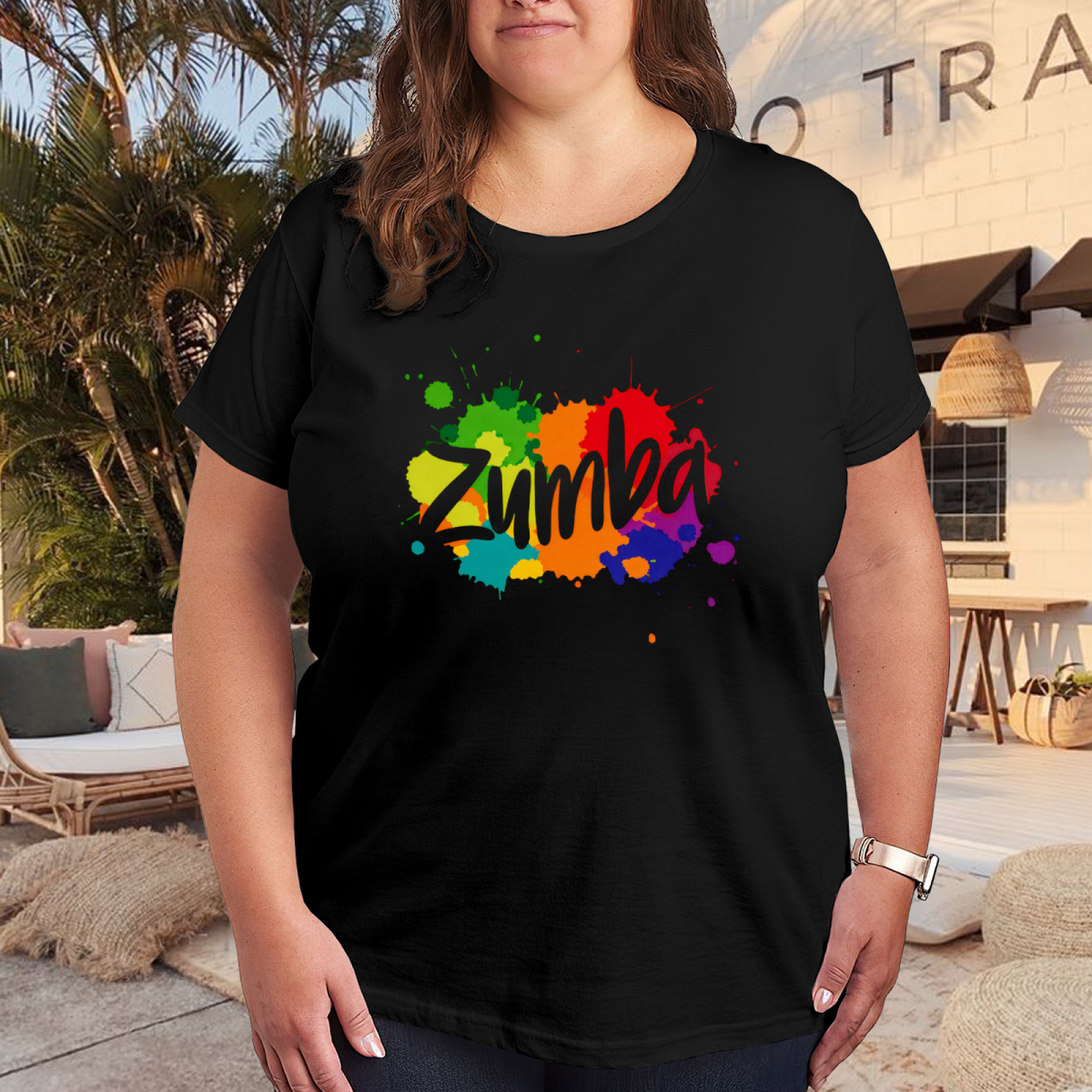 Color Splash Zumba Dance Fitness Vibrant Plus Size Women¡¯s Printed T-Shirt