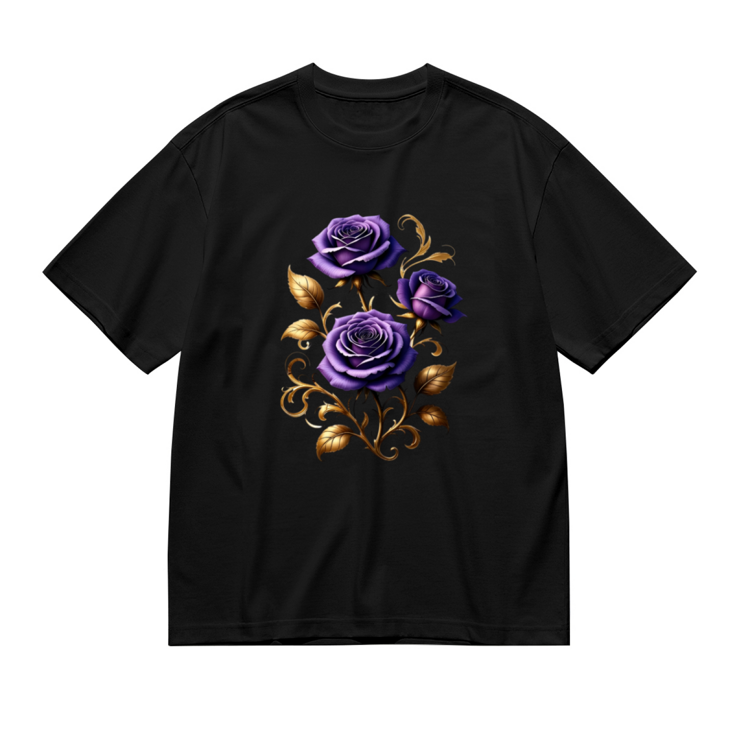 Luxurious Purple Rose Golden Leaf Gothic Plus Size Women Printed T-Shirt