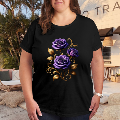 Luxurious Purple Rose Golden Leaf Gothic Plus Size Women Printed T-Shirt