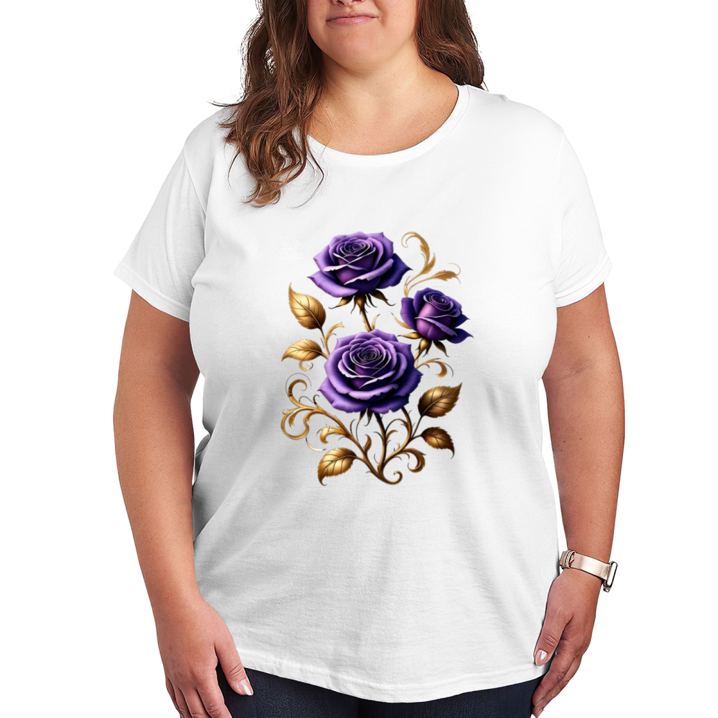 Luxurious Purple Rose Golden Leaf Gothic Plus Size Women Printed T-Shirt