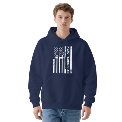 Vintage HVAC Tech Flag Black Hoodie, Men Worker Tough Comfort Sweatshirt