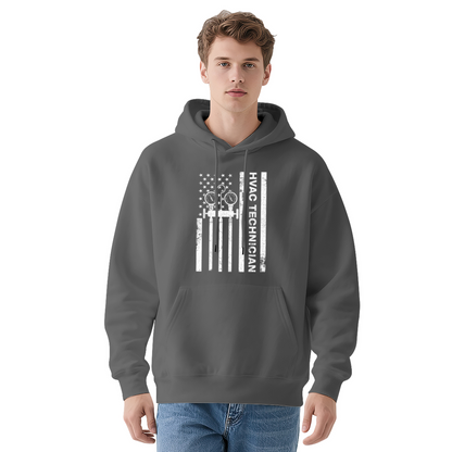 Vintage HVAC Tech Flag Black Hoodie, Men Worker Tough Comfort Sweatshirt