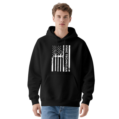 Vintage HVAC Tech Flag Black Hoodie, Men Worker Tough Comfort Sweatshirt