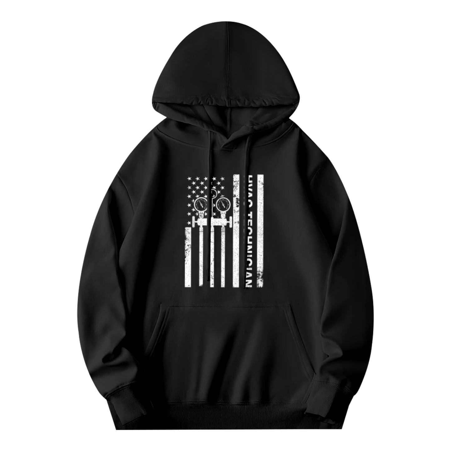 Vintage HVAC Tech Flag Black Hoodie, Men Worker Tough Comfort Sweatshirt