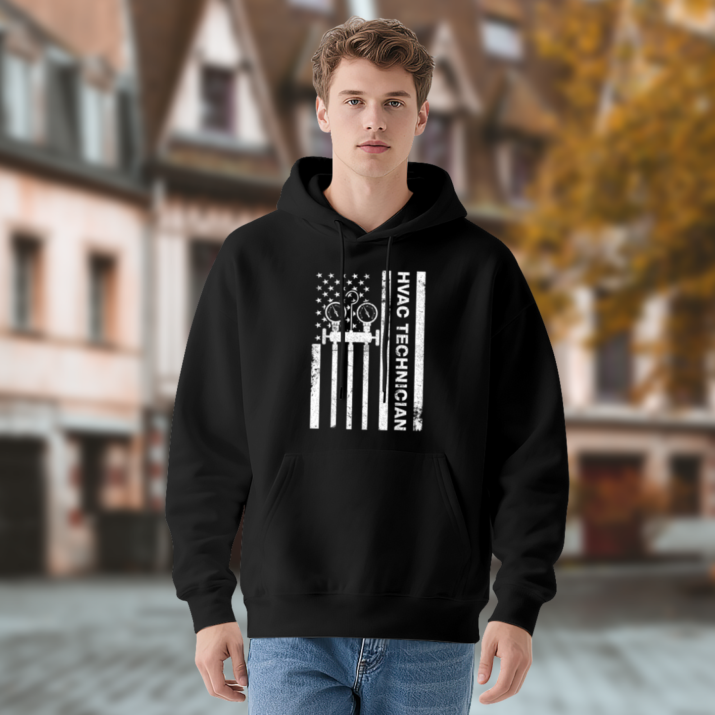 Vintage HVAC Tech Flag Black Hoodie, Men Worker Tough Comfort Sweatshirt