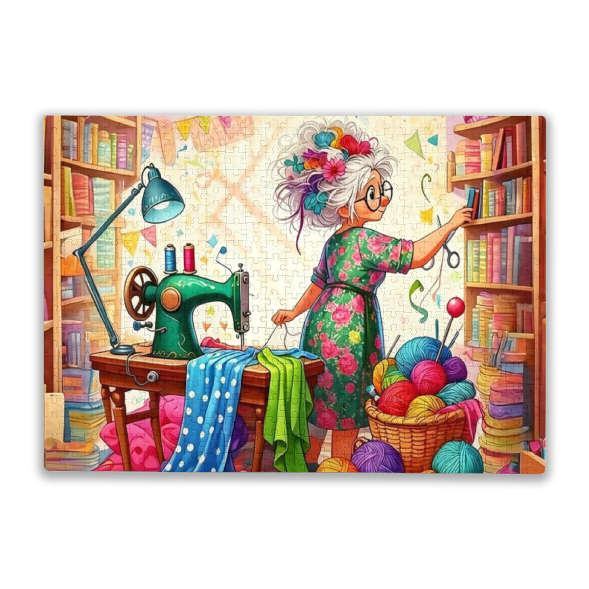 Colorful Craft Room Grandma Reaching For Sewing Scissors Puzzle | 300/500/1000 Pieces