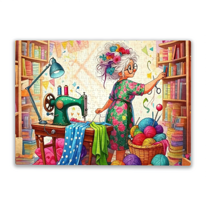 Colorful Craft Room Grandma Reaching For Sewing Scissors Puzzle | 300/500/1000 Pieces
