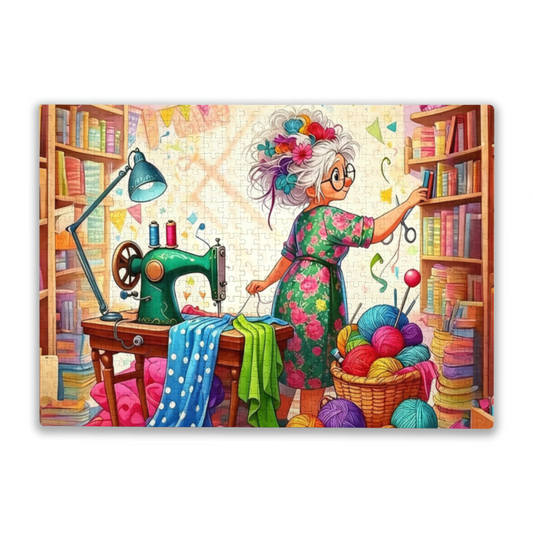 Colorful Craft Room Grandma Reaching For Sewing Scissors Puzzle | 300/500/1000 Pieces