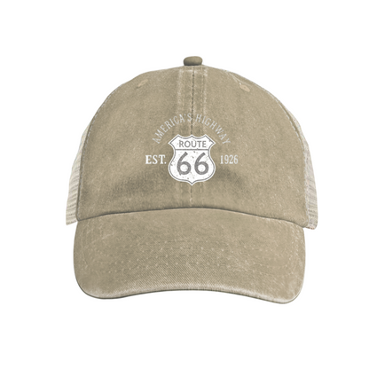 Route 66 America's Highway EST.1926 Vintage Dusty Wine Red Washed Mesh Trucker Hat, Road Trip Cap