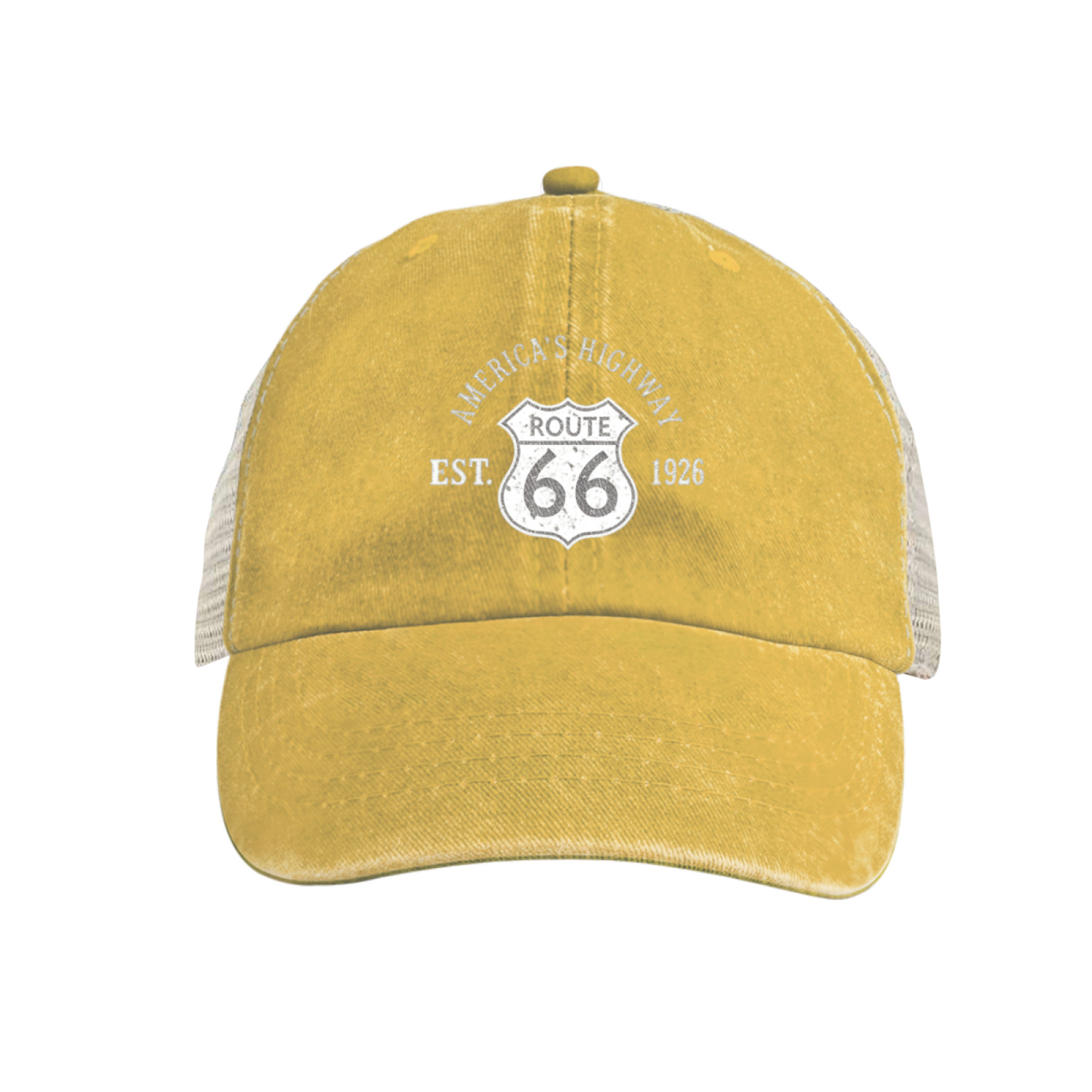 Route 66 America's Highway EST.1926 Vintage Dusty Wine Red Washed Mesh Trucker Hat, Road Trip Cap