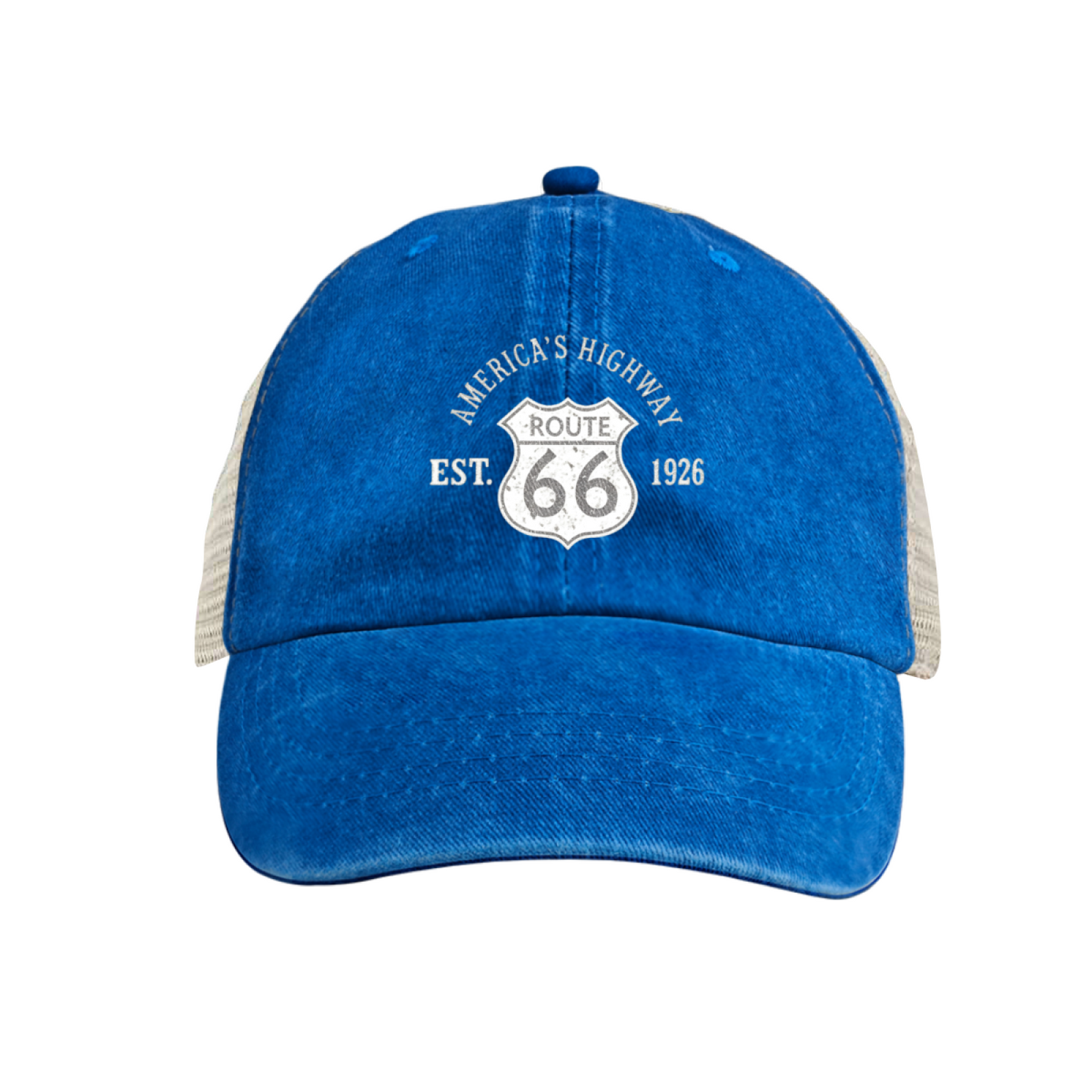 Route 66 America's Highway EST.1926 Vintage Dusty Wine Red Washed Mesh Trucker Hat, Road Trip Cap