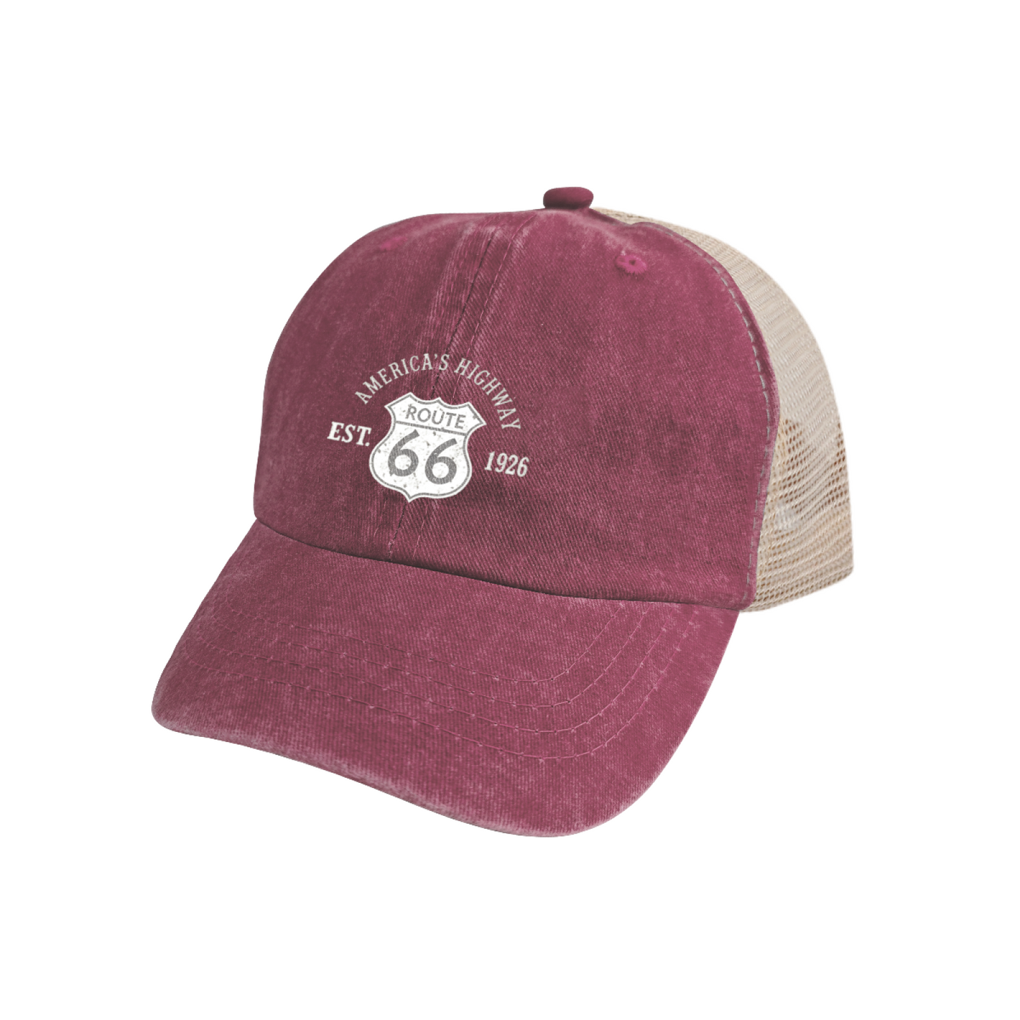 Route 66 America's Highway EST.1926 Vintage Dusty Wine Red Washed Mesh Trucker Hat, Road Trip Cap