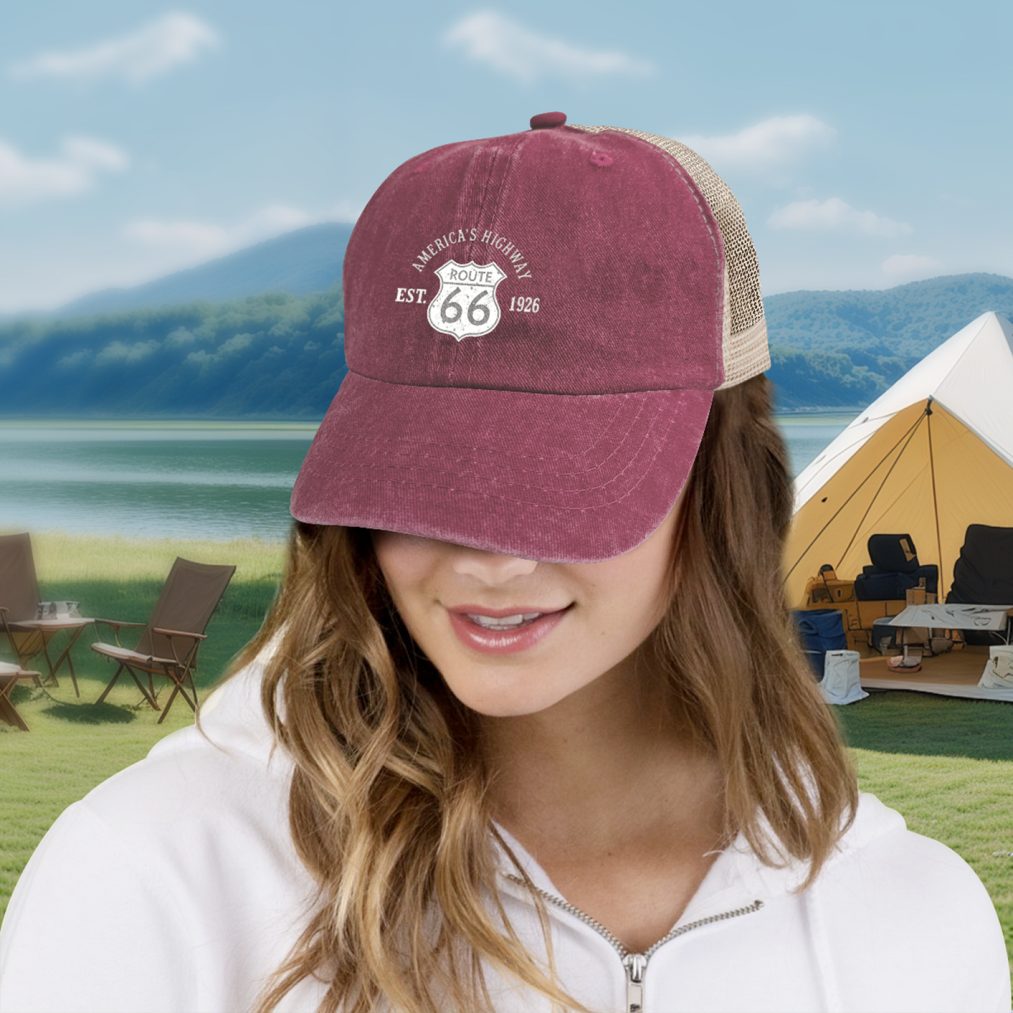 Route 66 America's Highway EST.1926 Vintage Dusty Wine Red Washed Mesh Trucker Hat, Road Trip Cap