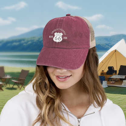 Route 66 America's Highway EST.1926 Vintage Dusty Wine Red Washed Mesh Trucker Hat, Road Trip Cap