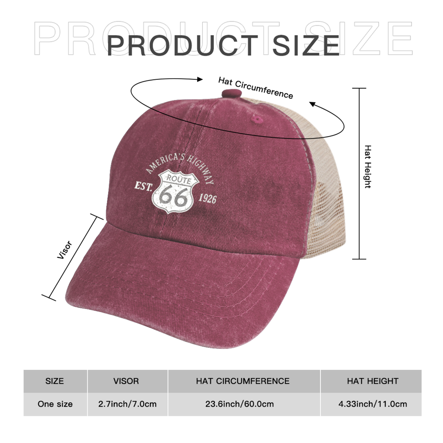 Route 66 America's Highway EST.1926 Vintage Dusty Wine Red Washed Mesh Trucker Hat, Road Trip Cap