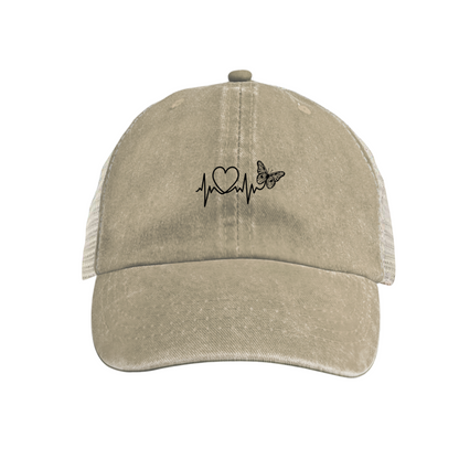 Heartbeat Line & Butterfly Khaki Washed Mesh Trucker Hat ¨C Soft Nature Women Cap