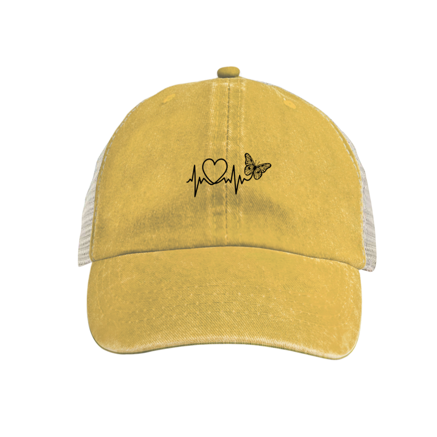 Heartbeat Line & Butterfly Khaki Washed Mesh Trucker Hat ¨C Soft Nature Women Cap