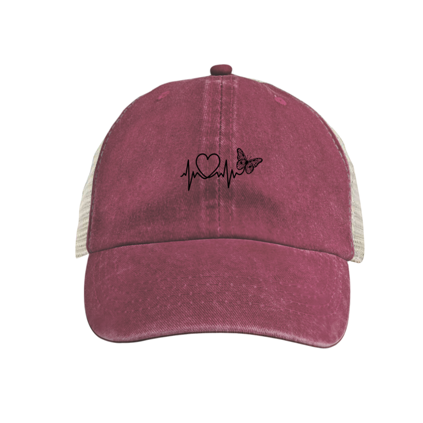 Heartbeat Line & Butterfly Khaki Washed Mesh Trucker Hat ¨C Soft Nature Women Cap