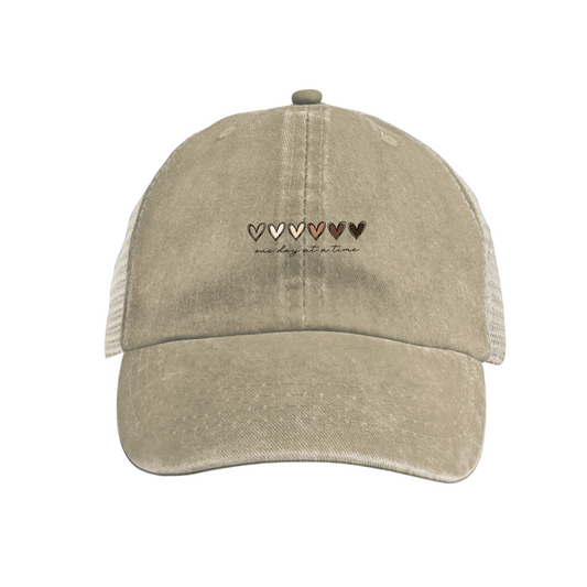 Skin Tone Hearts Khaki Vintage Washed Mesh Trucker Cap, Positive One Day At A Time Hat