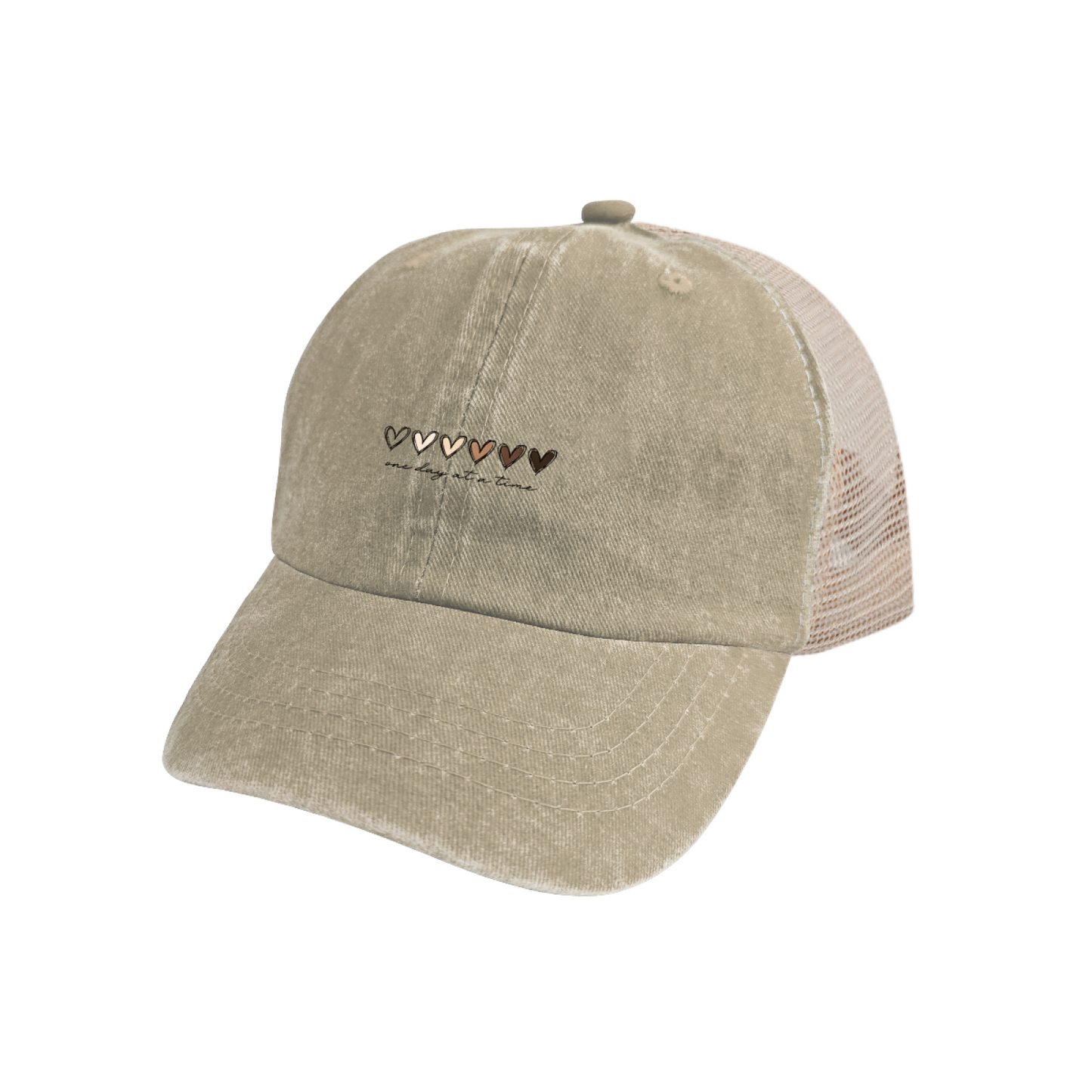Skin Tone Hearts Khaki Vintage Washed Mesh Trucker Cap, Positive One Day At A Time Hat