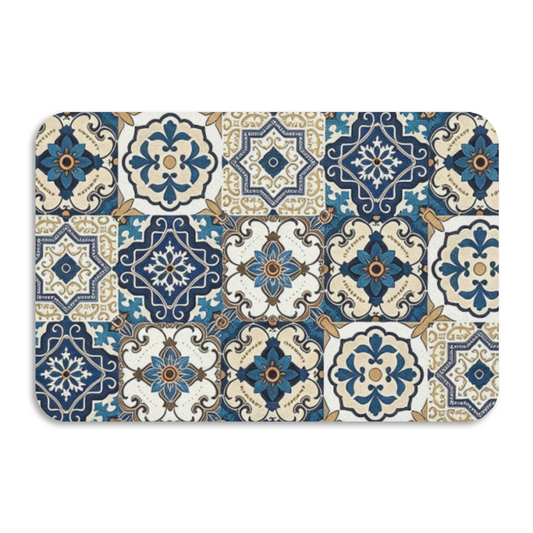 Moroccan Blue Floral Tile Diatom Mat | Retro Boho Silicone Water Absorbent Door Rug