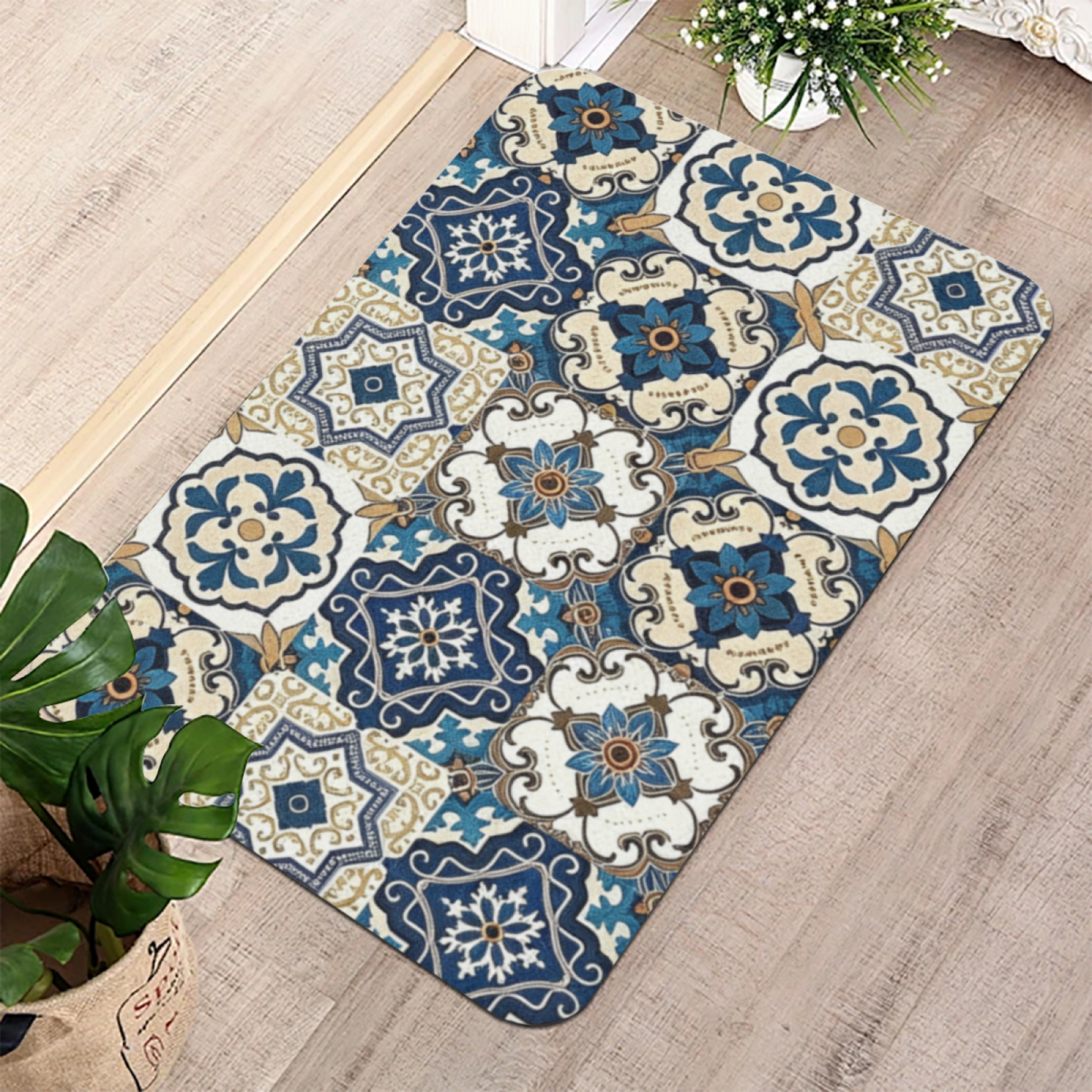 Moroccan Blue Floral Tile Diatom Mat | Retro Boho Silicone Water Absorbent Door Rug