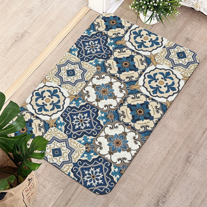 Moroccan Blue Floral Tile Diatom Mat | Retro Boho Silicone Water Absorbent Door Rug