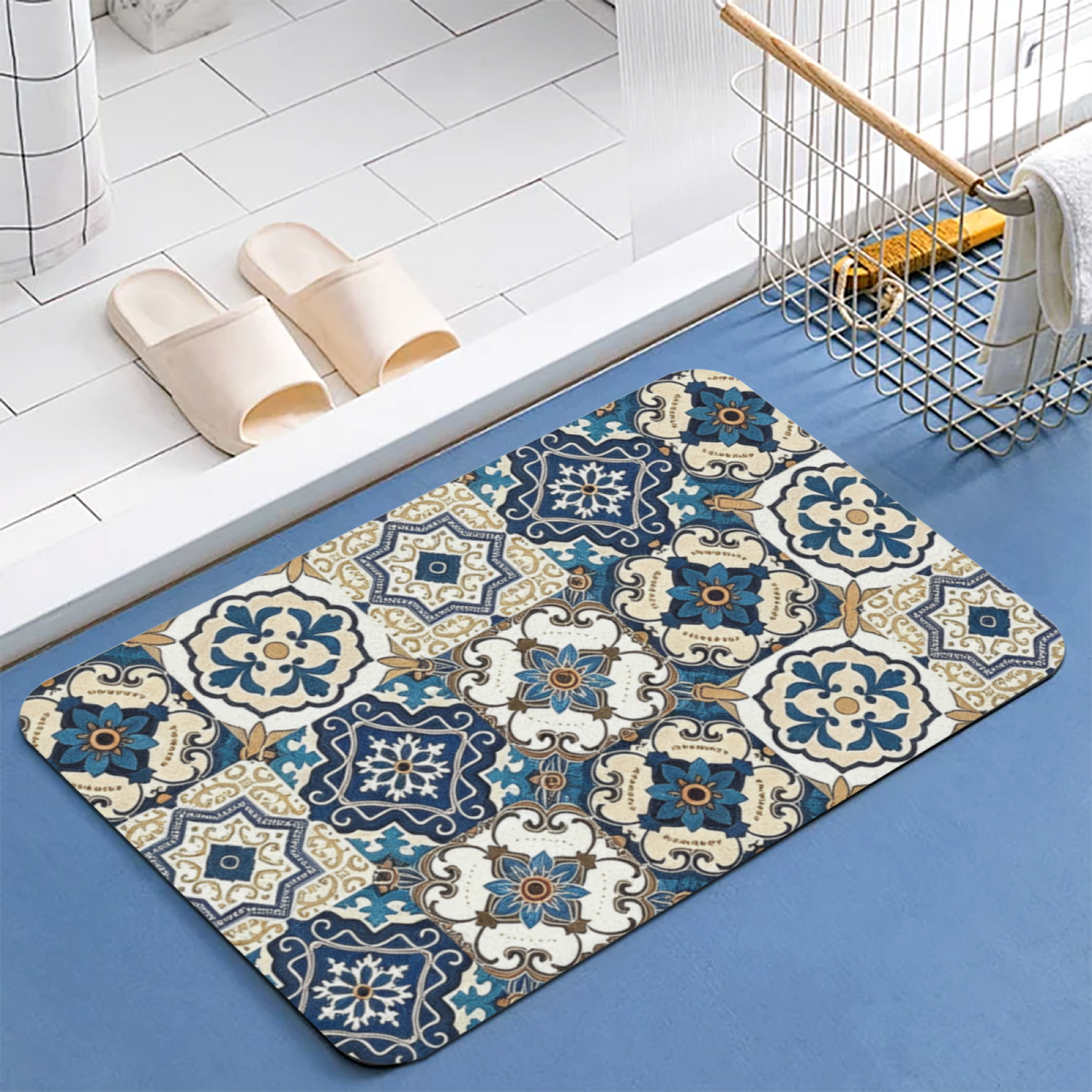 Moroccan Blue Floral Tile Diatom Mat | Retro Boho Silicone Water Absorbent Door Rug
