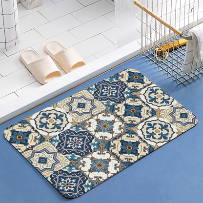 Moroccan Blue Floral Tile Diatom Mat | Retro Boho Silicone Water Absorbent Door Rug