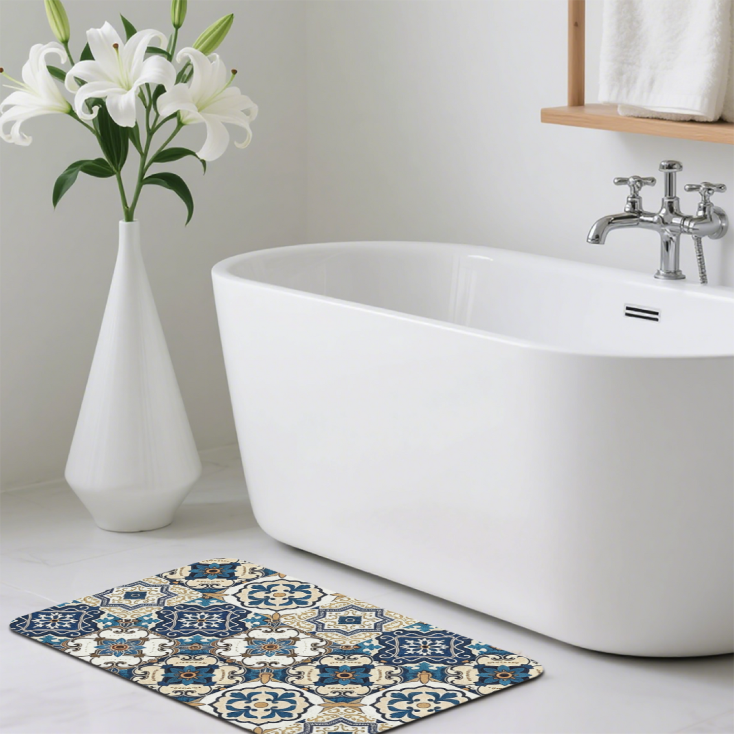 Moroccan Blue Floral Tile Diatom Mat | Retro Boho Silicone Water Absorbent Door Rug