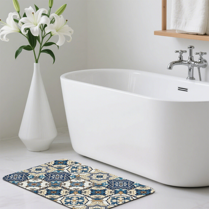 Moroccan Blue Floral Tile Diatom Mat | Retro Boho Silicone Water Absorbent Door Rug