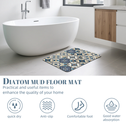 Moroccan Blue Floral Tile Diatom Mat | Retro Boho Silicone Water Absorbent Door Rug