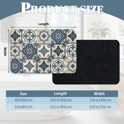 Moroccan Blue Floral Tile Diatom Mat | Retro Boho Silicone Water Absorbent Door Rug