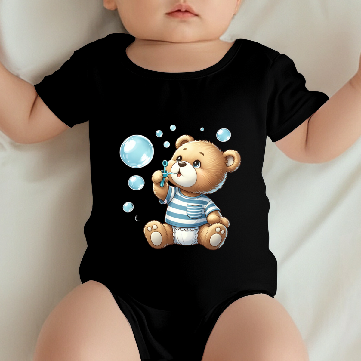 Cute Bubble Blowing Teddy Bear Black Infant Short Sleeve Onesie