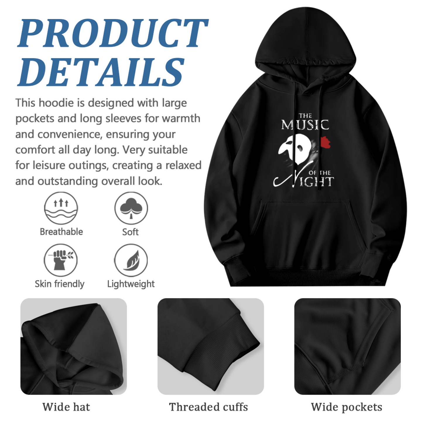 The Phantom Of The Opera Music Of The Night Classic Black Hoodie, Comfortable Unisex