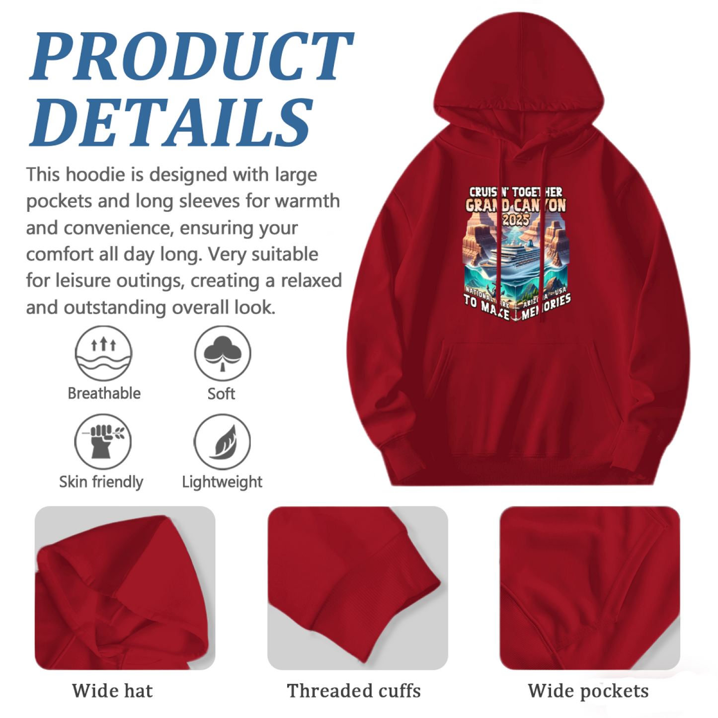 Grand Canyon Cruise Trip Red Hoodie, Travel Memory Soft Comfort Pullover