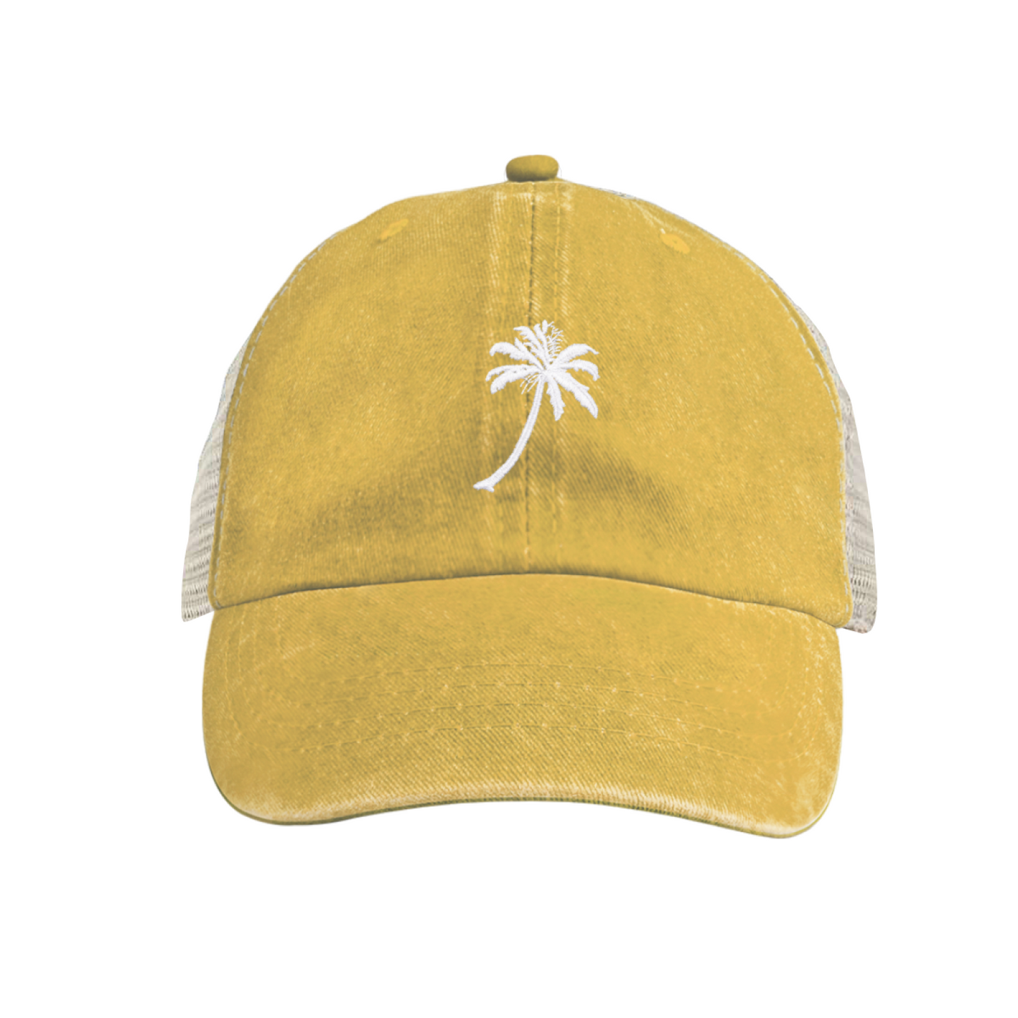 Tropical Palm Tree Vintage Washed Blue Mesh Trucker Hat ¨C Summer Beach Vibe Cap