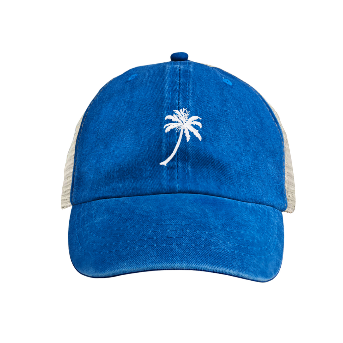 Tropical Palm Tree Vintage Washed Blue Mesh Trucker Hat ¨C Summer Beach Vibe Cap