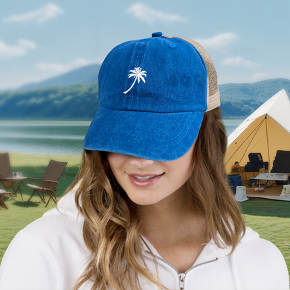 Tropical Palm Tree Vintage Washed Blue Mesh Trucker Hat ¨C Summer Beach Vibe Cap