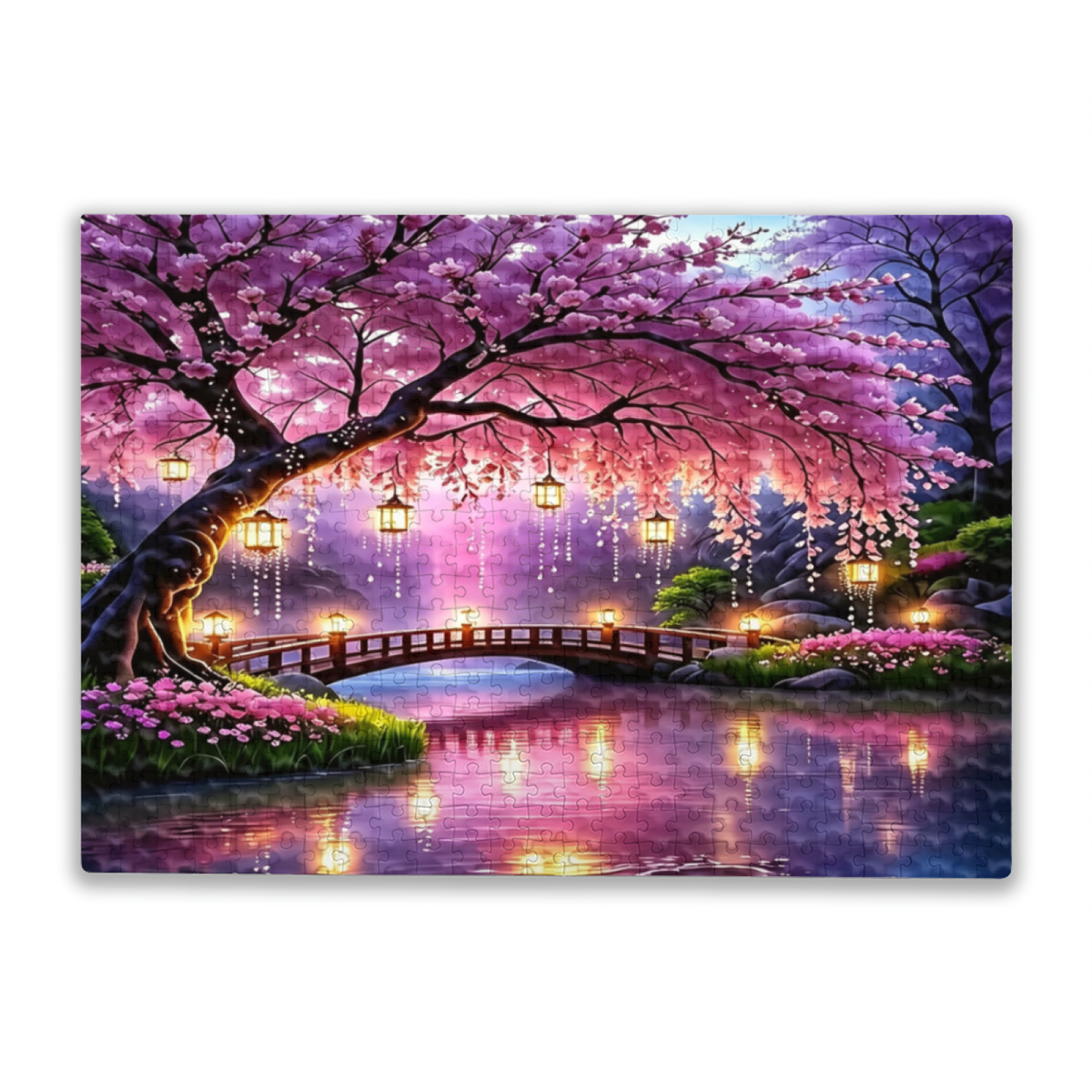 Stunning Pink Cherry Blossom Bridge Glowing Lantern Lake Jigsaw Puzzle