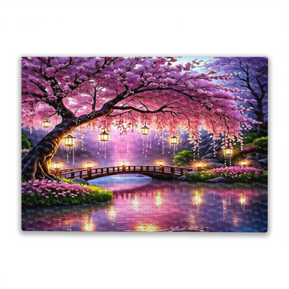 Stunning Pink Cherry Blossom Bridge Glowing Lantern Lake Jigsaw Puzzle