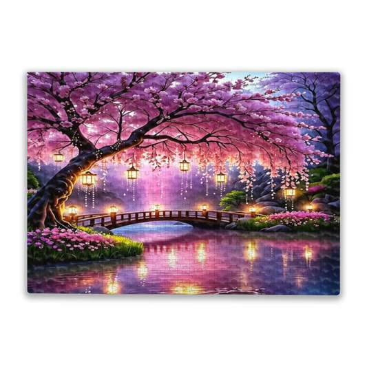 Stunning Pink Cherry Blossom Bridge Glowing Lantern Lake Jigsaw Puzzle