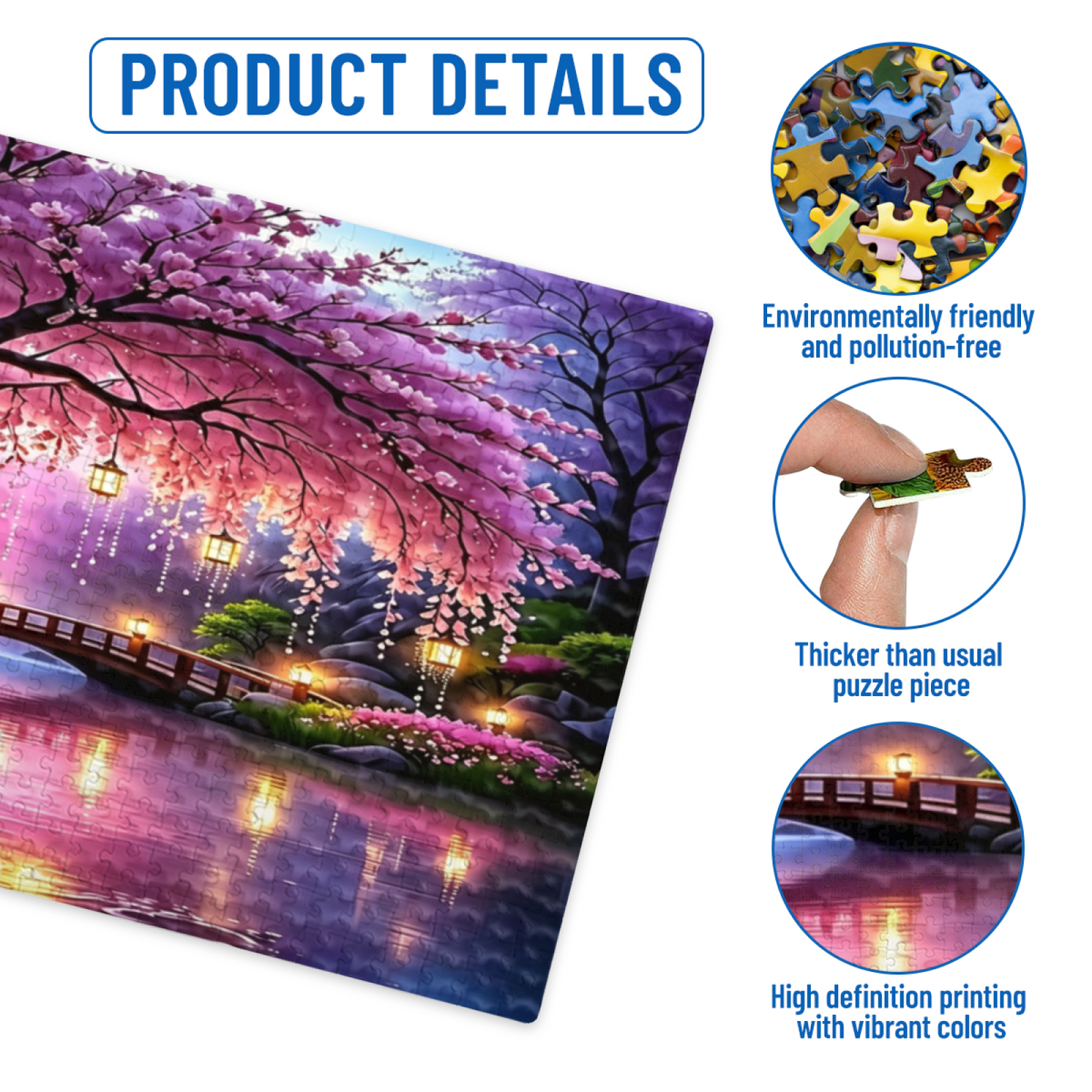 Stunning Pink Cherry Blossom Bridge Glowing Lantern Lake Jigsaw Puzzle