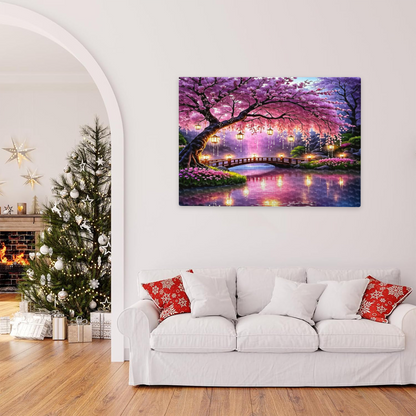 Stunning Pink Cherry Blossom Bridge Glowing Lantern Lake Jigsaw Puzzle