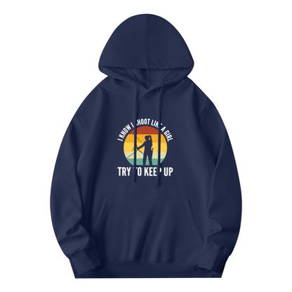 Retro Sunset Archery I Know I Shoot Like A Girl Navy Hoodie, Comfort Outdoor Pullover