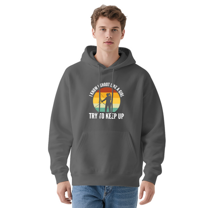 Retro Sunset Archery I Know I Shoot Like A Girl Navy Hoodie, Comfort Outdoor Pullover