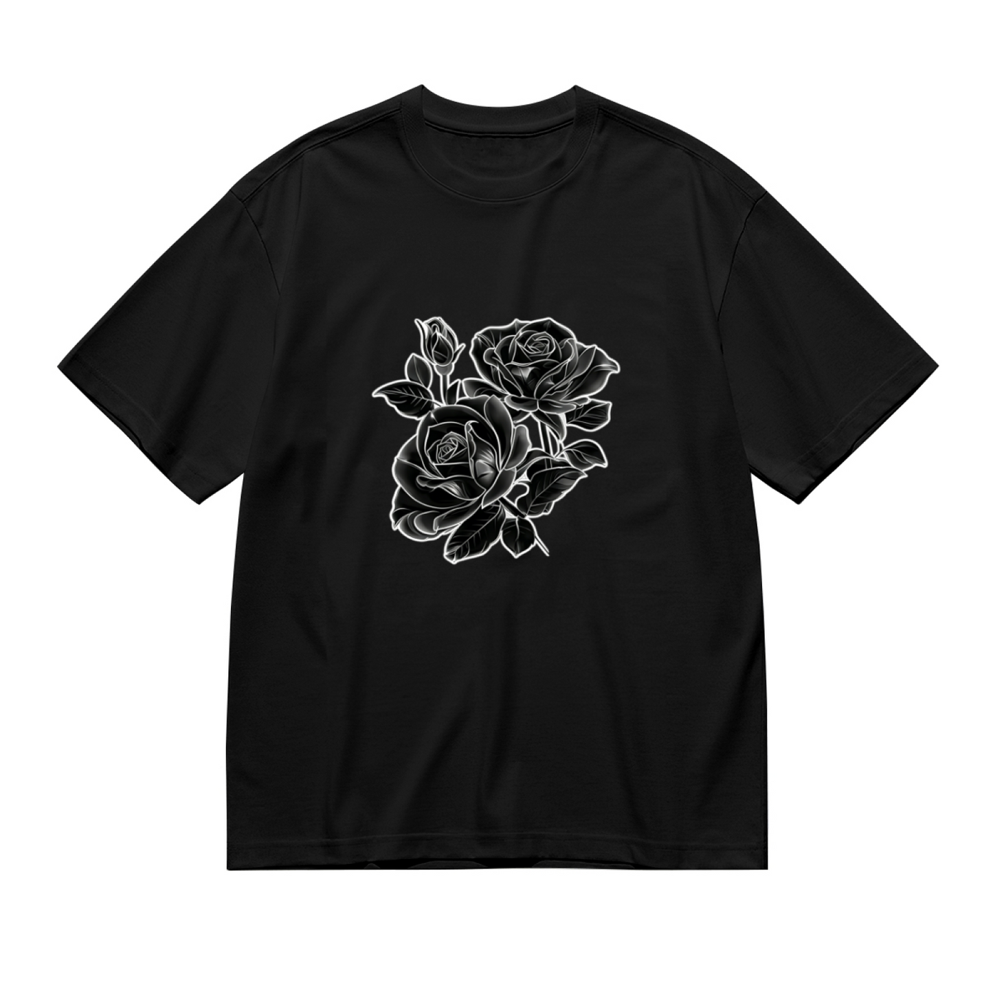 Gothic White Line Black Rose Tattoo Style Plus Size Women¡¯s Printed T-Shirt