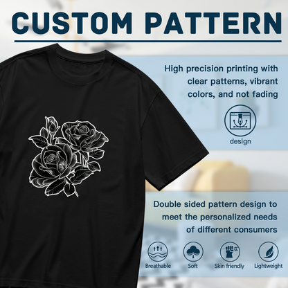 Gothic White Line Black Rose Tattoo Style Plus Size Women¡¯s Printed T-Shirt
