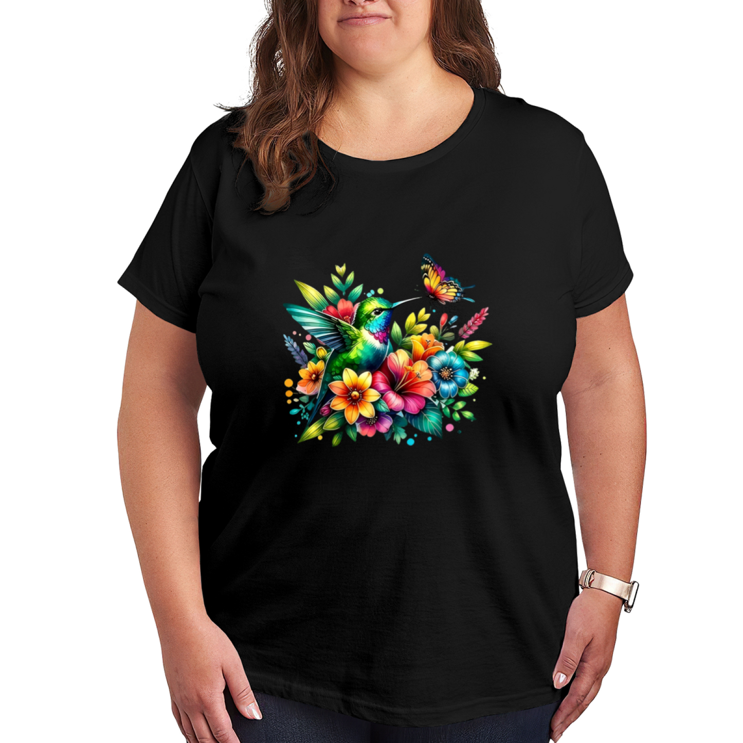 Vibrant Rainbow Hummingbird Butterfly Floral Plus Size Tee